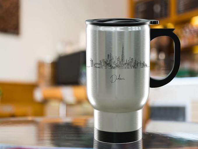 Dubai Skyline Steel Mug, Asia Skyline 14oz Travel Mug with Handle & Lid Custom Travel Tumblers, Gift For Birthday, Spill Resistant Tumblers for Women, Personalized Tumbler