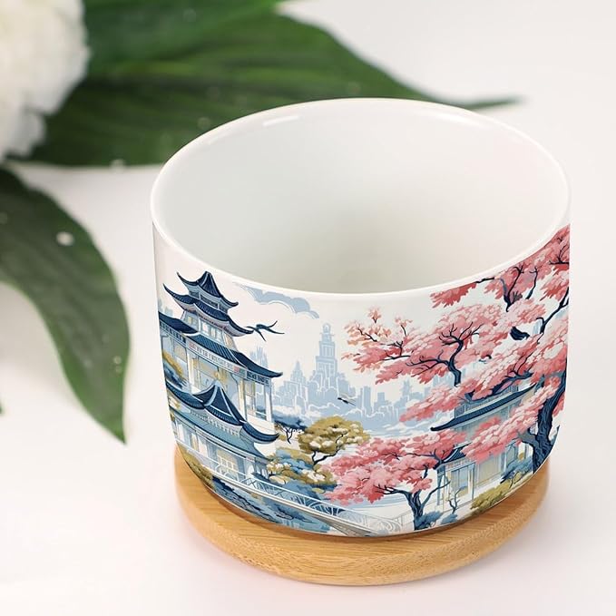 Blue Asia Tiered Tower Coral Pink Flower Ceramics Plant Pot Set of 3 Chinoiserie Garden Scenery Cactus Planter for Indoor with Drainage Chinoiserie Style Small Plant Pot Ceramic