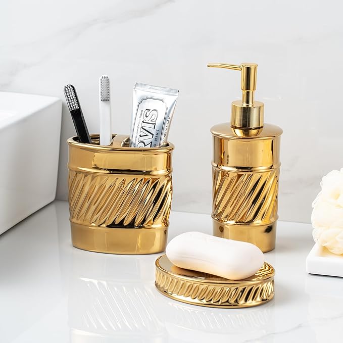 3-Piece Ceramic Bathroom Accessories Set - Soap Dispenser, Toothbrush Holder & Soap Dish with Modern Wave Embossed Design for Bathroom Accessory Set (Gold)