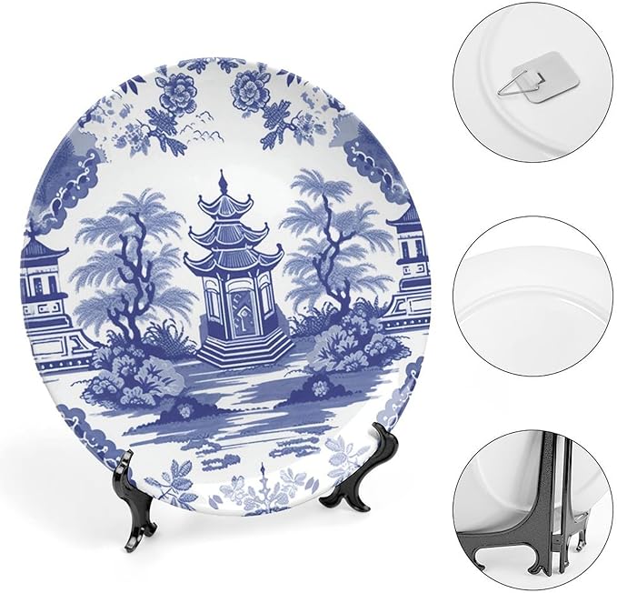 Chinoiserie Blue Asian Pagoda Ceramic Decorative Plate for Display Household Club Supplies Wedding Housewarming Gifts Holiday Party Decorations Personalized Gifts for Men Women Birthday