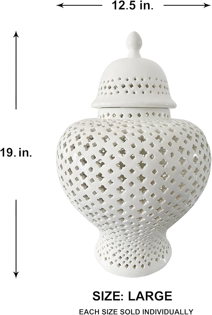 Noori Home - 100% Modern Glam Artisan Ceramic ELLA Large White Ginger Jar Urns with Lid 12.5x12.5x19
