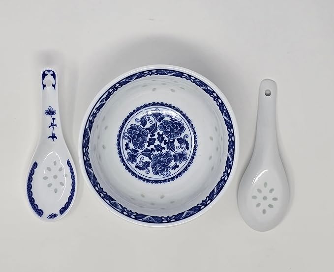 10 Pcs Fine Porcelain Blue and White Rice Pattern Bowls, Cereal Bowls, Rice Bowls with Free 10 Porcelain Spoons Jingdezhen China