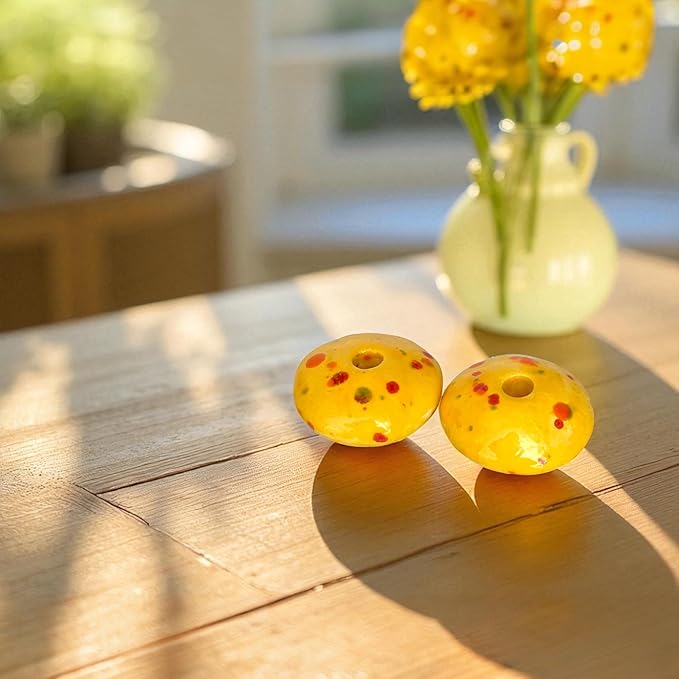 Yellow, Sunny Dots Candle Holder for 5mm Thin Beeswax Candles | Handcrafted Ceramic | Minimalist Double-Fired Taper Stand - Limited Edition (2 Candle Holders)