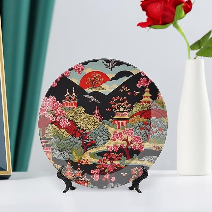 Decorative Plate Chinoiserie Charcoal Coral Pagoda Asian Customize Decor for Home Wedding Art Decoration Club Blue And White Plates with Vertical Stand, Multi Sizes by Choosing, Gifts for Men Women