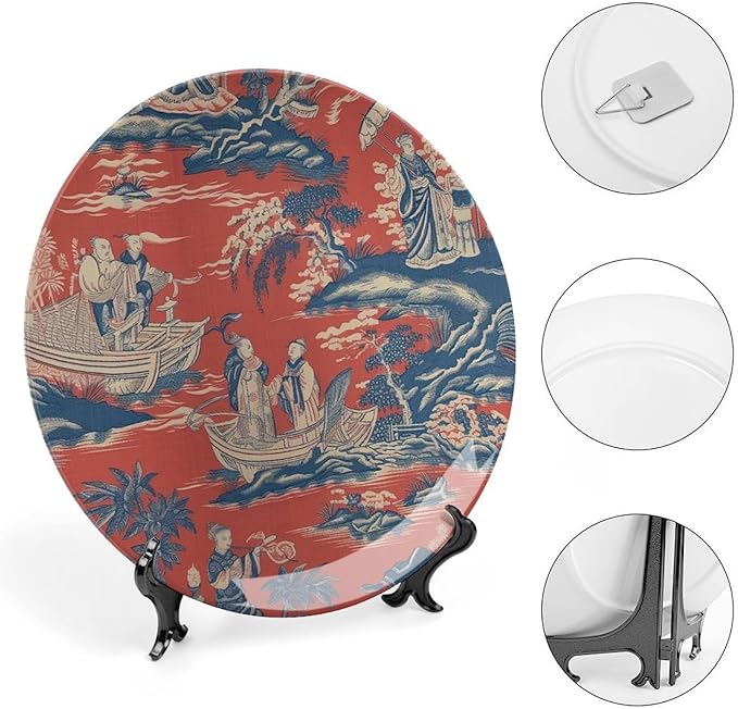 China Plates Cheng Toile Dynasty Red Chinoiserie Personalized Decor for Festival Housewarming Gifts Wedding Household Ceramic Craft for Decorative Ornaments with 1 Display Stand, Gifts for Men Women