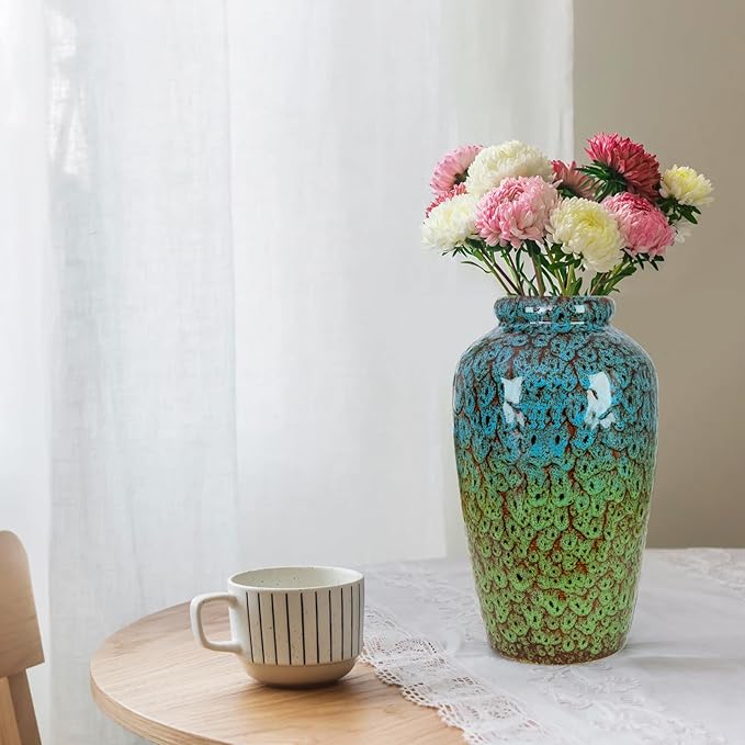 Unique Ceramic Flower Vase, Modern Home Decor for Living Room, Tables, Shelves & Enterways,11Inch Tall Blue Green Vase Gift for Housewarming, Wedding, Birthday