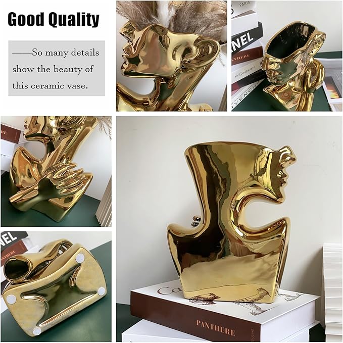 Ceramics Statue Flower Vase Face Pots Bust Head Shaped for Birthday Gifts Home Office Decoration (Gold)