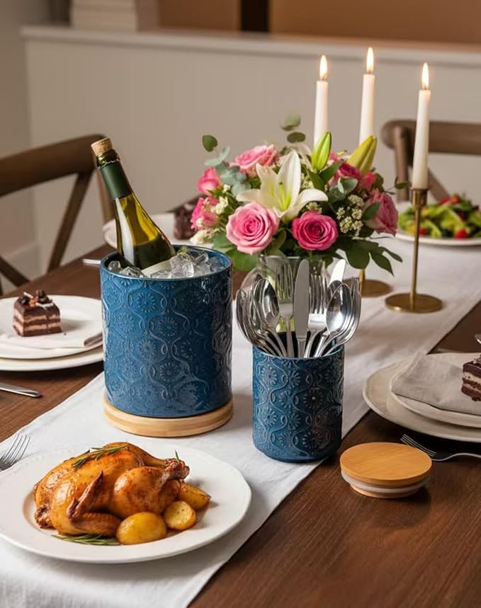 TEATALK Ceramic Utensil Holder Set, 360° Rotating Organizer for Countertop, Farmhouse Vintage Style, Large and Small Crocks in Dark Blue，7.7"+5.7"