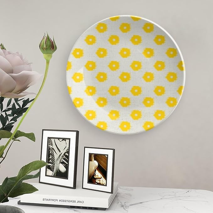 China Plates Yellow Timur Weave in Background Personalized Decor for Club Home Festival Art Decoration Wall Decorative Plate Unique Art with Stand, Multi Sizes by Choosing, Gifts for Men Women