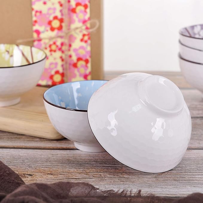VanEnjoy Set of 4 Japanese Style Ceramic Rice Bowl with Gift Box,Assorted Phum Colors Flowers Pattern Bowls Set,Underglazed Dinnerware,For Dessert Snack Cereal Soup
