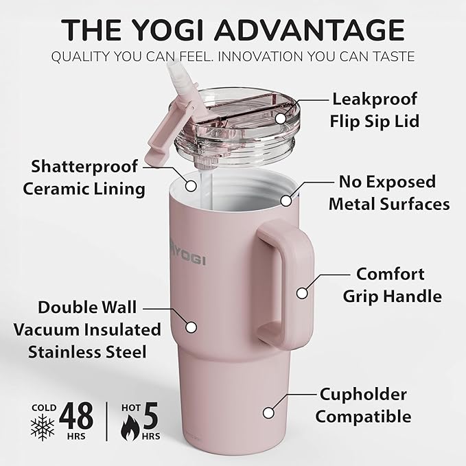 YOGI Ceramic Lined Metal Allergy Safe 24oz Tumbler Handle Comes with Straw Leakproof Flip & Sip Lid Vacuum Insulated Stainless Steel Travel Cup for Iced Coffee and Water Hydration 24oz Peonypink