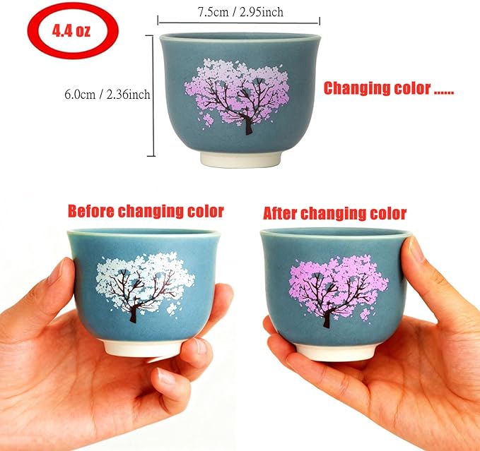 Heat Changing Sensitive Cherry Blossoms Tea Cup, Japanese Style Color Changing Coffee Mug, Unique Magic Coffee Tea Cup for Gift Valentines 4.4 oz/130ml (Blue)
