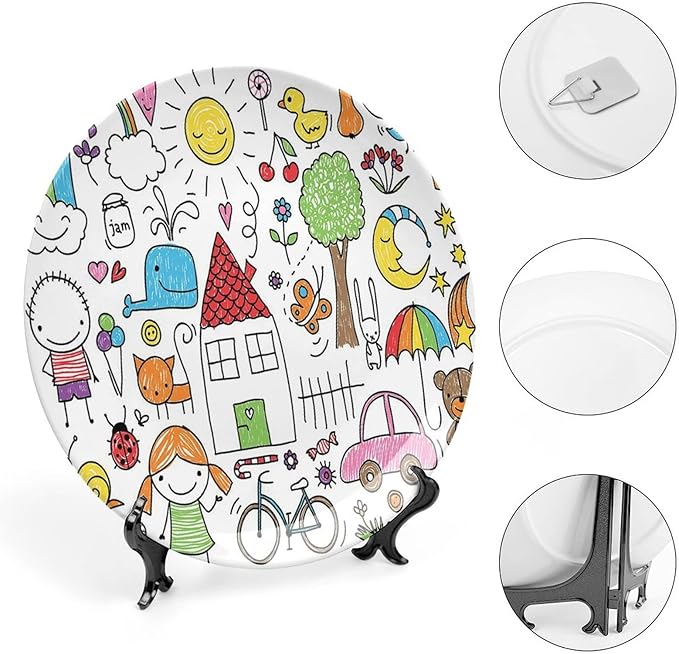 10 Inch Decorative Plate, Doodle Dinner Plate, Simple Childlike Drawing of House Girl and Boy Teddy Bear Print Ceramic Wall Hanging for Fine Dining For Upscale Events, Dinner Parties, Weddings
