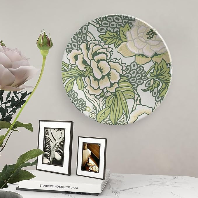 Green And White Chinoiserie Peony Floral Plates Ceramic for Display Blush Euro Peony Kitchen Club Supplies Housewarming Gifts Home Holiday Party Decorations Custom Gifts for Men Women Halloween