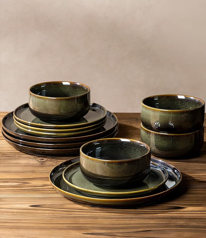 TheTerra Ceramic Dinnerware Sets for 8, 24 Pieces Handmade Reactive Glaze Plates and Bowls Set, Scratch Resistant Dish Set, Oven & Microwave & Dishwasher Safe, Olive Green