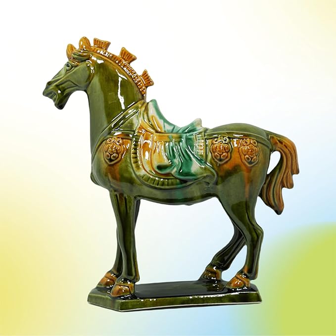 Handmade Tang Dynasty Tri-Color Horse Ceramic Sculpture - 19cm Traditional Chinese Cultural Art Decor - Symbol of Prosperity & Good Fortune - Perfect for Home, Office, Bookcase Shelf(Grass Green)