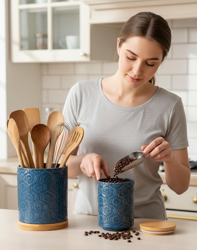 TEATALK Ceramic Utensil Holder Set, 360° Rotating Organizer for Countertop, Farmhouse Vintage Style, Large and Small Crocks in Dark Blue，7.7"+5.7"