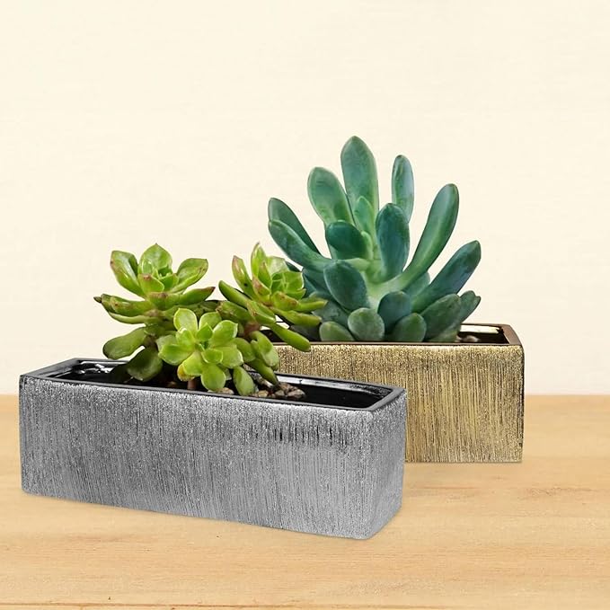 WGVI Long Rectangle Ceramic Planter Vase in Silver Etched 12" x 4" x 4"H, Block Rectangular Terrarium Box Pot, Flower Arrangement, Table top Centerpiece, Home Decor Storage Container, Bulk, 6 Pcs.