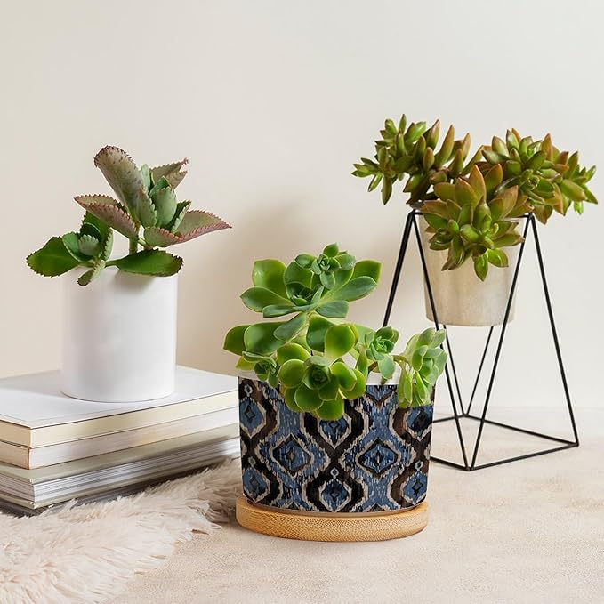 DreamAutumn Indigo Ikat Abstract Blue Ceramic Pots for Plants with Drainage Holes Round Flower Pot Bamboo Tray Orchid Pot Succulents Pots for Outdoor Indoor Plants,Housewarming Gifts