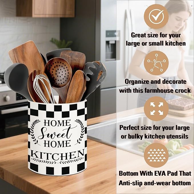 Checkered Kitchen Decor, 6.5inch Ceramic Utensil Holder with Checkered Design, Rustic-Style Indoor Kitchen Utensil Storage Rack, Ideal for Spoon Storage and Cooking Tools, Gift for Kitchen Organizers