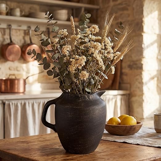Rustic Kitchen Utensil Holder with Handle,7.48" H Ceramic Vintage Utensil Crock for Countertop, Farmhouse Kitchen Decoration Ceramic Pot for Spatulas Spoons Tongs(Novelty,Antique Black Gold)