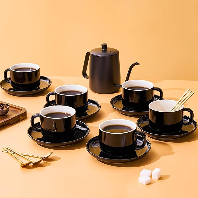 8oz Cappuccino Cups Set of 6, Ceramic Coffee Cups and Saucers Set with Spoons, Black Durable Coffee Cups for Cappuccino Espresso Latte Mocha Au Lait Macchiato Cafe