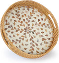 YANGQIHOME Round Rattan Tray with Handle, Mother of Pearl Inlay Decorative Wicker Basket for Coffee, Bread, Fruits, Serving Tray for Home Decor, Pink Clover