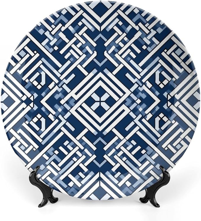 Ceramic Decorative Plate Navy Blue Geometric Customize Decor for Office Festival Art Decoration Home Porcelain Dessert Plate Set with Vertical Stand, Multi Sizes by Choosing, Gifts for Men Women