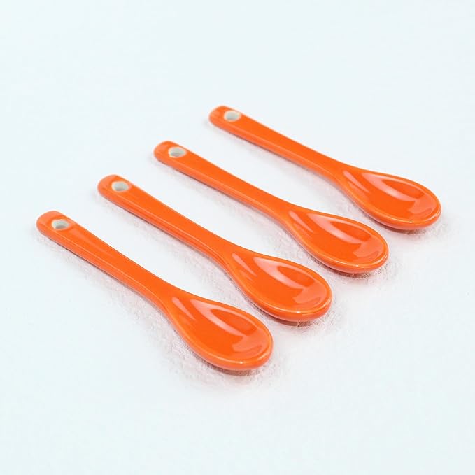 Mini Spoons for Spices, Ceramic Spoon 3.5 inch for Spice Jars, Espresso Spoons, Small Seasoning Spoon for Salt, Coffee, Sugar, Powder and Pepper (Orange spoon A set of 4)