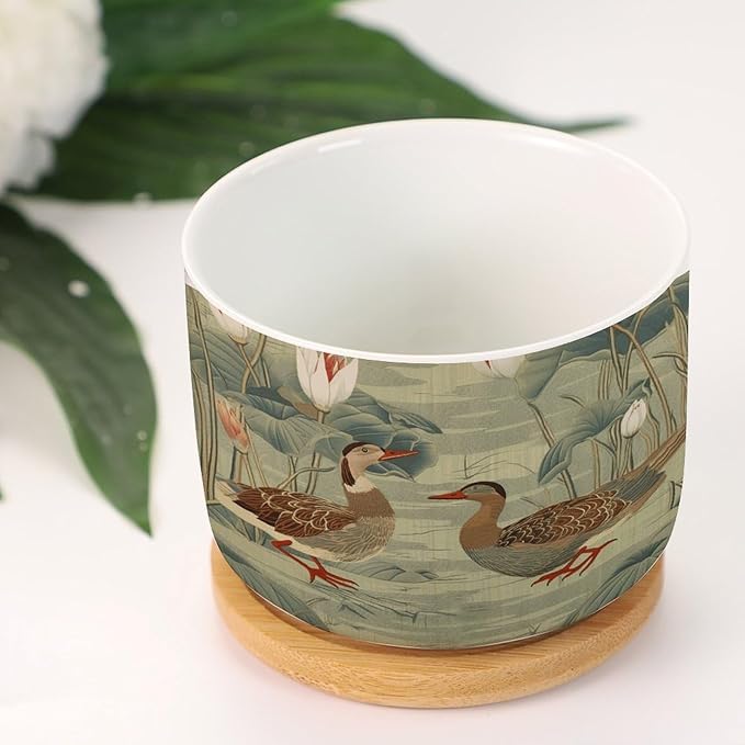 and Duck Garden Small Ceramics Planters Set of 3 Green Water Lily Chinoiserie Flower Ceramics Plant Pot with Drainage Holes and Bamboo Tray Chinoiserie Chic Planter for Succulents
