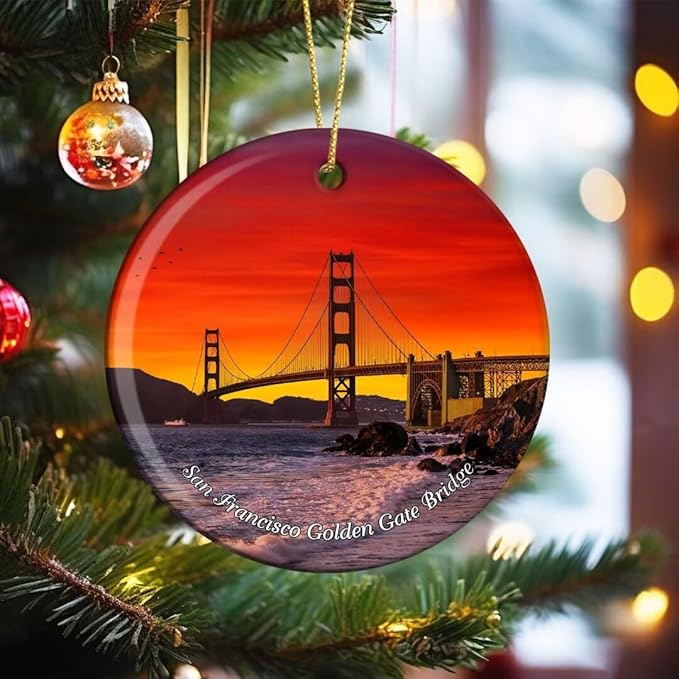 California San Francisco Golden Gate Bridge USA America Christmas Ornaments Ceramic Round Hanging Pendant Xmas Decor City Travel Souvenirs 3" Porcelain Double Sided