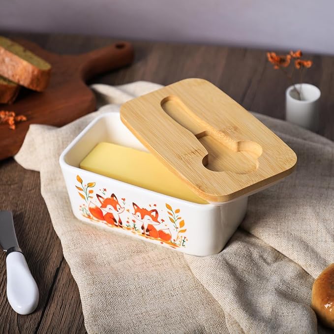 WAIT FLY Fox Ceramic Butter Dish with Bamboo Lid and Knife, 2 Sticks Butter Dish Butter Container Keeper for Kitchen Countertop, Home Decorative-Fox