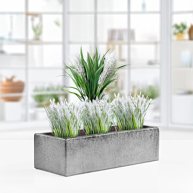 WGVI Long Rectangle Ceramic Planter Vase in Silver Etched 14" x 4" x 4"H, Rectangular Box Block Terrarium Pot, Flower Arrangement, Tabletop Centerpiece, Home Decor Organization Container, 4 Pcs.