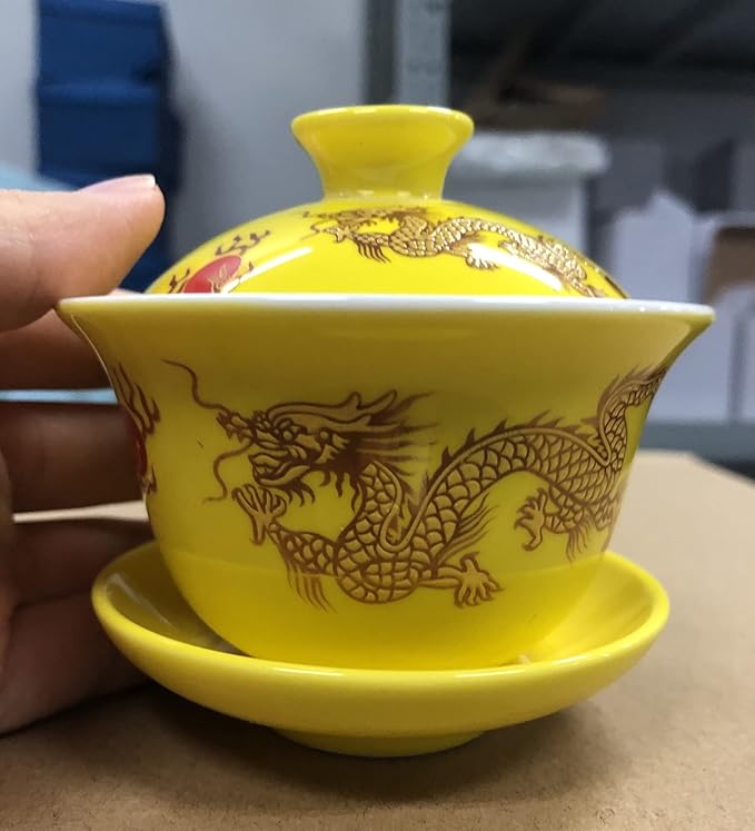 Porcelain Kung Fu Tea Cup and Saucer with Lid, Chinese Traditional Gaiwan Sancai Tea Bowl Tea Set Dragon Pattern (Yellow)