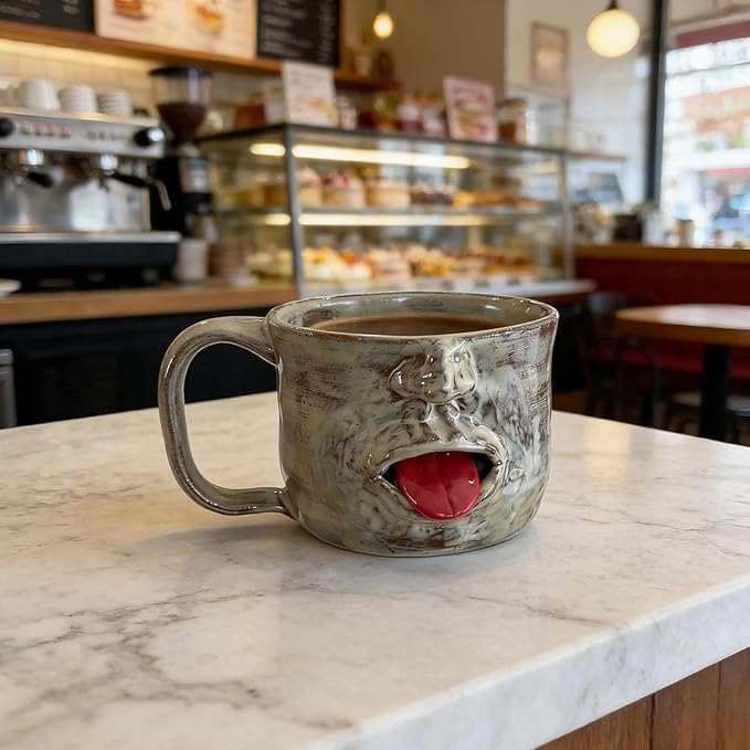 Handmade Face Shaped Ceramic Mug, Funky Novelty Sculptural Coffee Cup with Tongue, Unique Artisanal Pottery for Tea or Coffee, Perfect Gag Gift for Friends, Office & Home Decor (2pcs)