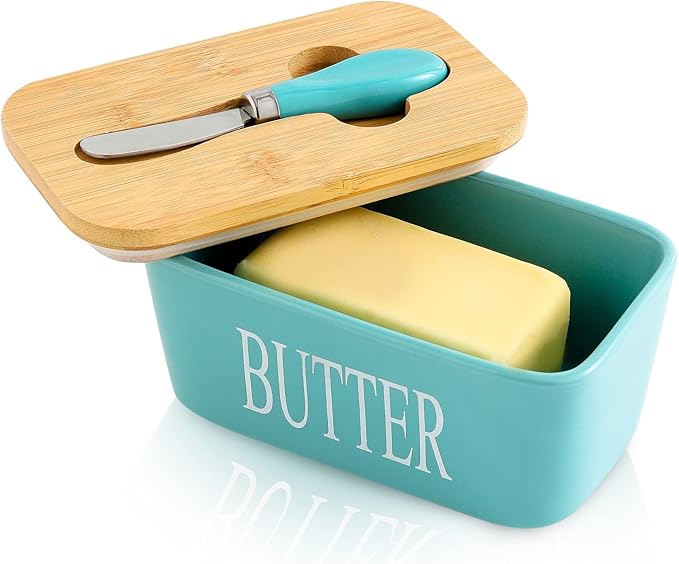 Hasense Porcelain Butter Dish with Lid for Countertop, Large Ceramic Butter Dish with Knife, Airtight Butter Keeper Container with Cover Perfect for East West Coast Butter, Turquoise