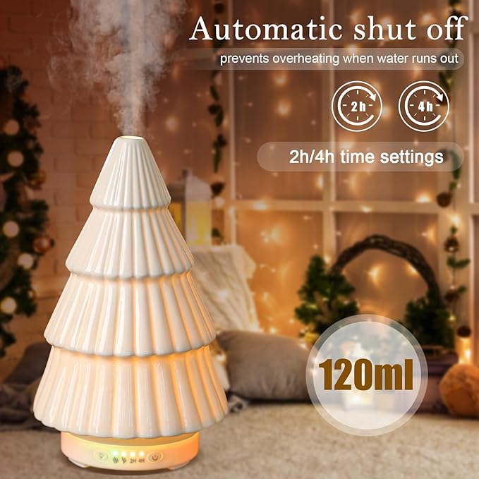 Christmas Essential Oil Diffuser Gifts Ceramic 120ml Christmas Tree Diffuser for Essential Oil Cute Small Aromatherapy Humidifier for Home Office Holiday Decorations(White)