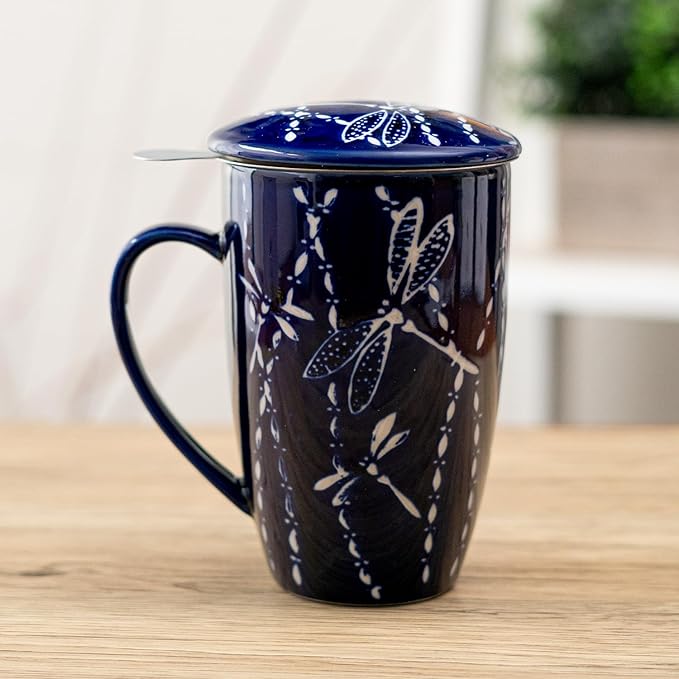 Urban Tokyo Tea Mug With Lid and Stainless Steel Infuser For Loose Leaf Tea Bag Tea Cup 15oz Porcelain Hot Beverage Everyday Use Home Office (Dragonfly Tombo)