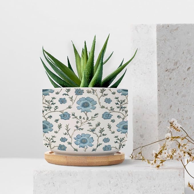 Mughal Flower in Planter Ceramic Blue Floral Round Flower Pots with Drainage Holes and Bamboo Tray Pot for Succulents Cactus Garden Windowsill