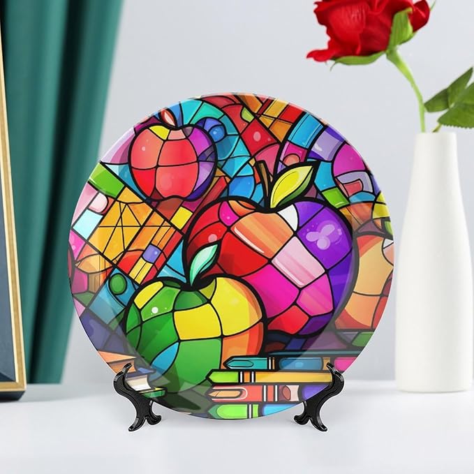 Decorative Plates, Colorful Books & Apples Stained Glass Painting Ceramic Dinner Plate w/Display Stand, Wall Hanging Decor for Kitchen Household 10 Inch, Gifts for Teacher Or Student