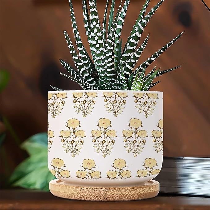 5 Piece Ceramics Pots for Plants Yellow Flower Small Succulents Plant Pot Watercolor Chinoiserie Floral Planter for Succulents Chinoiserie Plant Pot with Drainage and Bamboo Tray