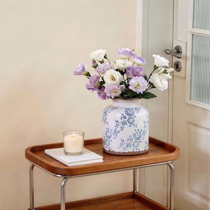 Blue Camellia Chinoiserie Vase, 6.2” Crackled White Ceramic Vase with Antique Distressed Edges, Hand-Painted Vintage Floral Vase for Home Decor, Farmhouse Table Centerpiece (Blue, 6.2")