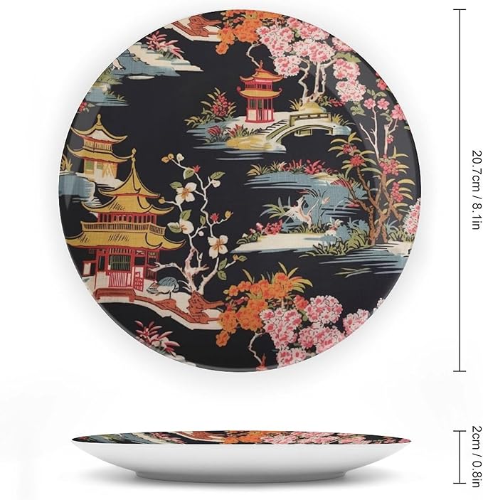 Chinoiserie Charcoal Coral Pagoda Asian Fashion Plates, Asian Style Chinoiserie Pagoda Customize Decorative Plate for Office Wedding Decor, with Vertical Stand Art Decor for Festival Club