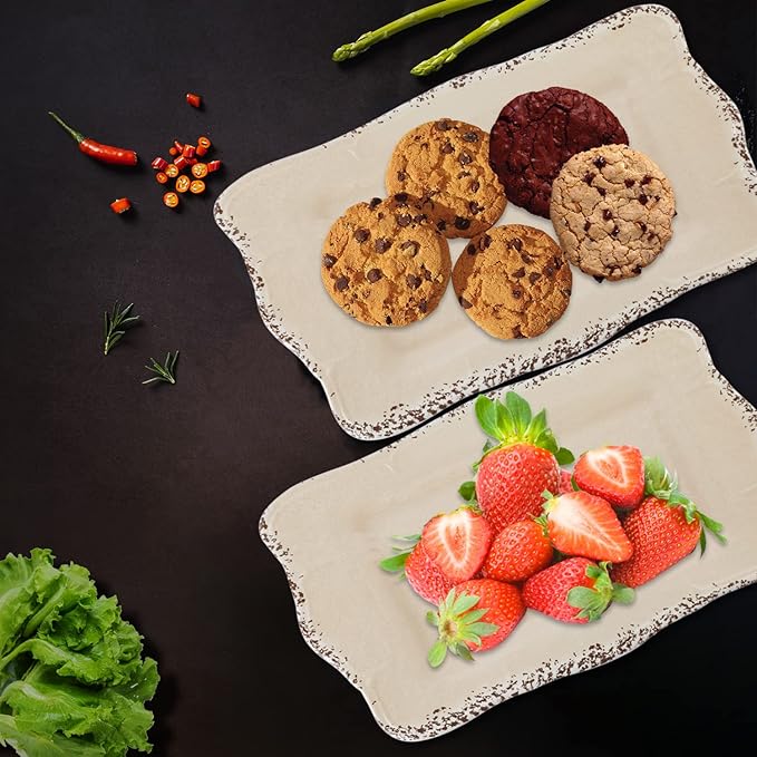 Gourmet Art Crackle Set of 2 Melamine Rectangular Serving Trays/Platters Cream 17"