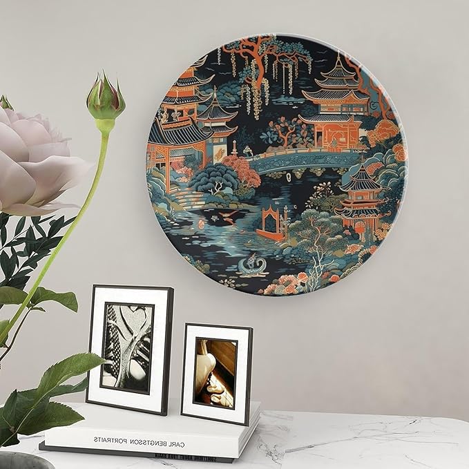 Chinoiserie Charcoal Coral Pagoda Asian Fashion Plates, Asian Scenic Pagoda Design Collector Plates for Display Wedding Office Decor, with Display Stand And Hook Up Art Decorations for Club Household