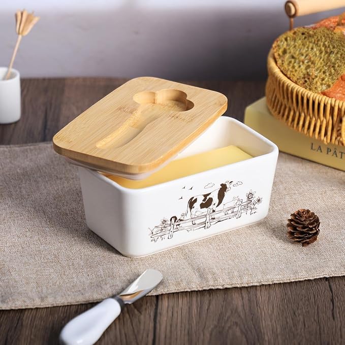 WAIT FLY Cow Ceramic Butter Dish with Bamboo Lid and Knife, 2 Sticks Butter Dish Butter Container Keeper for Kitchen Countertop, Home Decorative-Cow