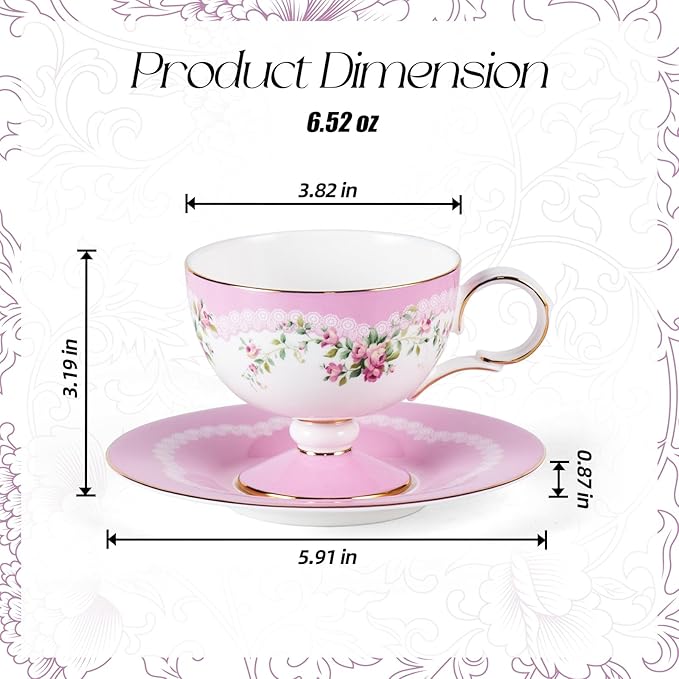 KAMMAK Ceramic Coffee Cups Saucers Set of 2, Porcelain Espresso Cups with Saucers, 6.52 oz Handmade Elegant Bone China Tea Cup, Ceramic Floral Pattern Demitasse for Latte, Americano, Cappuccino