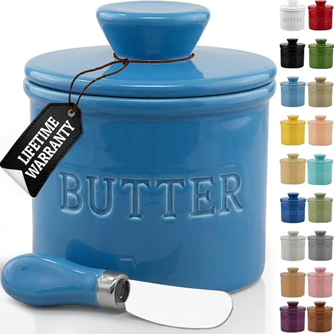 PriorityChef Butter Crock with Lid with Water Line,Ceramic French Butter Dish to Leave On Counter, Lapis Blue