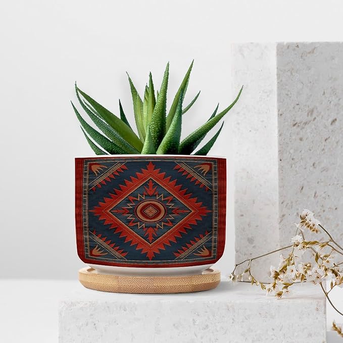 Planters Ceramic The Navajo in Red And Blue with A Blue Border Pattern Ceramic Pots with Drainage Holes Round Flowerpot Bamboo Tray Plant Pots for Succuelnt And Little Snake Plants Pots for Nana