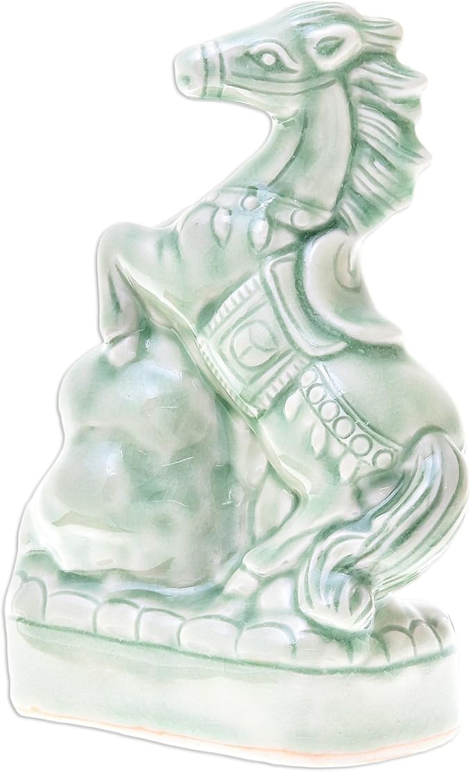 NOVICA Artisan Handcrafted Celadon Ceramic Sculpture Horse in Thailand Green Animal Themed East Meets West Cultural [6.5in H x 4.9in W x 2.8in D] ' Lucky Horse'